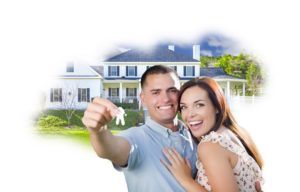 Military Couple with Keys Over House Photo in Cloud on White Background.
